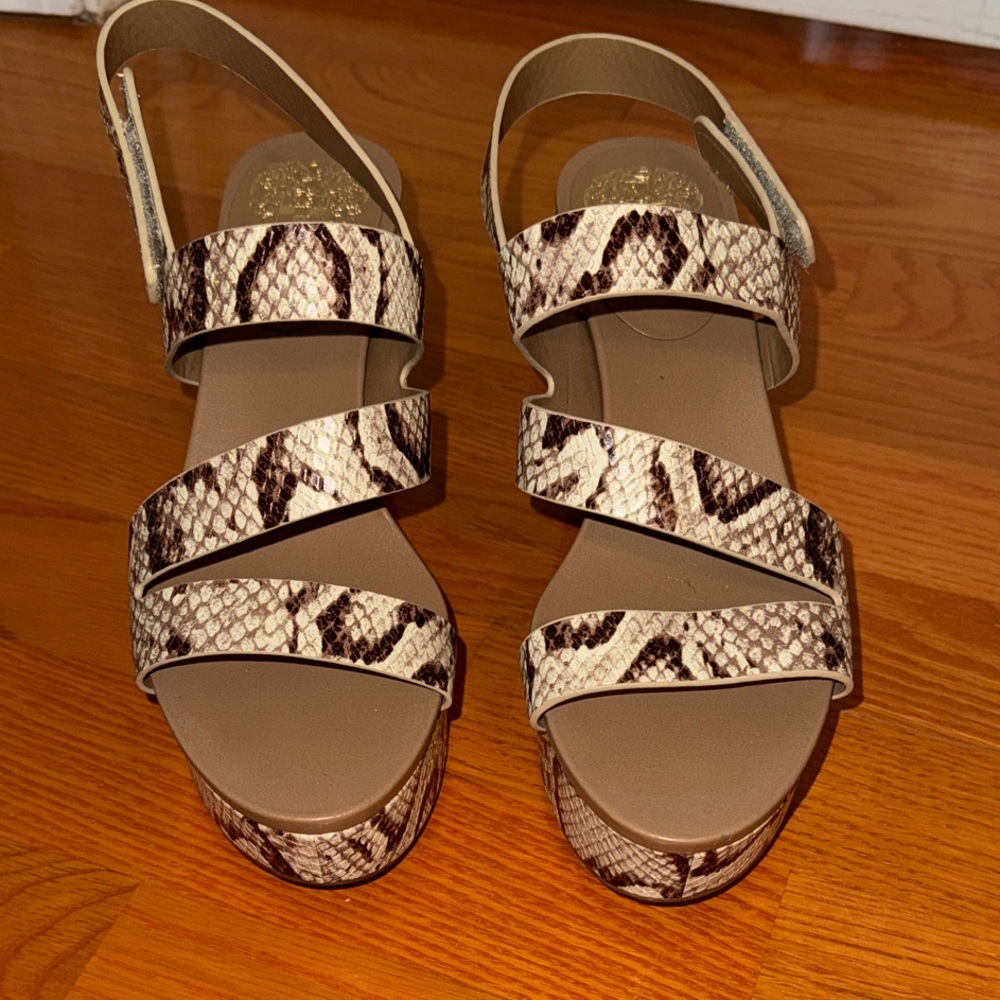 Vince Camuto Snake-Print Platform Sandals in Beige and Brown